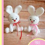 Adorable Crocheted White Rabbit. 2x white bunnies with neck ribbons to match nose color || thecrochetspace.com