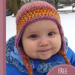 Seamless Crocheted Earflap Hat. Baby in multi colored hat. Front image || thecrochetspace.com