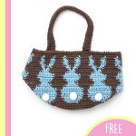 Bunny Egg Crocheted Basket. Brown bag with blue bunnies and a white pompom tail || thecrochetspace.com