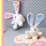Crochet Amigurumi Rabbit. One beige bunny with white and blue accents and one white bunny with pink and beige accents || thecrochetspace.com