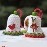 Crochet Christmas Hanging Bell. Three bells crafted in white with red and green accents || thecrochetspace.com