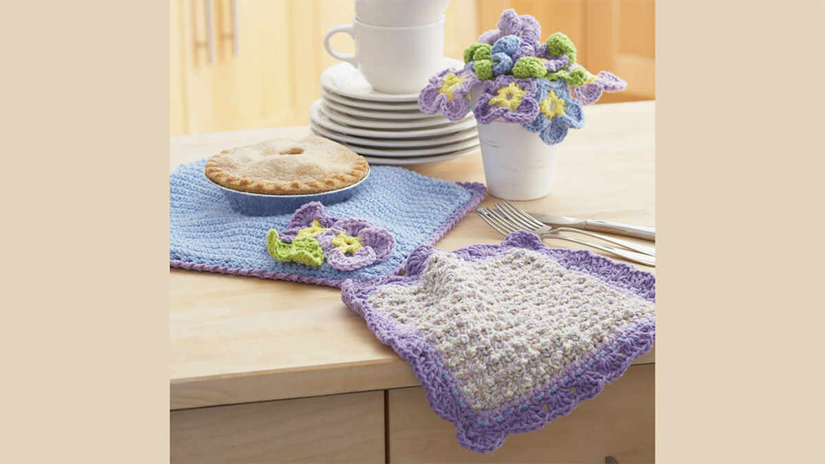 Crochet Cream Dishcloth And Pansy Potholder
