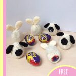 Crochet Cream Egg Cozy. Several choclate eggs cover with a a sheep and a bunny cover for Easter|| thecrochetspace.com