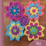 Crochet Flower Motif. 4x flower motifs with pointed petals in different colors and all joinedto purple circle in the center || thecrochetspace.com