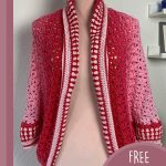 Crochet Granny Mim Cardigan. Image of front of cardigan. No fastenings. Lower at back than the front || thecrochetspace.com