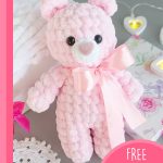 Crochet Plush Teddy Bear. Small plush, velvet, pink bear with white muzzle || thcerochetspace.com