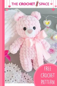 Crochet Plush Teddy Bear. Small plush, velvet, pink bear with white muzzle || thcerochetspace.com
