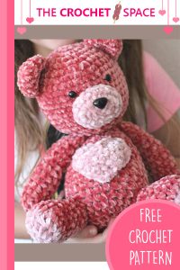 Crochet Velvet Valentine Bear. Dusky pink bear with light pink heart & muzzle || thecrochetspace.com