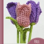 Crocheted Blooming Tulips. One dusky pink tulip and two in purple || thecrochetspace.com