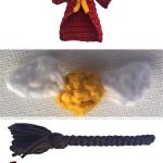 Crocheted Quidditch Harry Potter. A close up of Harry's broomstick, golden snitch and invisible cloak || thecrochetspace.com