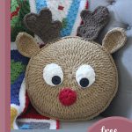Crocheted Rudolph Pillow. crafted in brown shades with brown antlers and a red nose || thecrochetspace.com