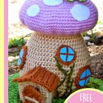 Crocheted Spring Fairy House. Toadstool looking house with mauve roof with white spots || thecrochetspace.com