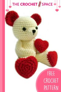 Crocheted Valentine Teddy Bear. Bear with red heart accents || thecrochetspace.com