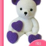 Crocheted Valentine Teddy Bear. Bear with heart purple accents || thecrochetspace.com
