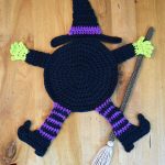 Crocheted Witch Table Coaster. Completely flat Witch, crafted in hat and with broomstick || thecrochetspace.com