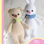 Cuddlesome Bunny Crocheted Toy. Close up image of bunny and teddy || thecrochetspace.com