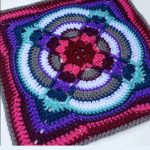 Denna Crocheted Afghan Block. Shades of blue/green with red highlights || thecrochetspace.com
