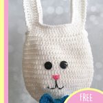 Easter Crochet Bunny Bag. Large, white, bunny face bag with ears. Happy Easter || thecrochetspace.com