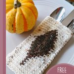 Fall Crochet Cutlery Pouch. Image of pouch with cutlery inside and placed on a white plate || thecrochetspace.com