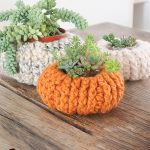 Festive Crochet Pumpkin Planter. Three sizes crafted in orange and oatmeal colors || thyecrochetspace.com