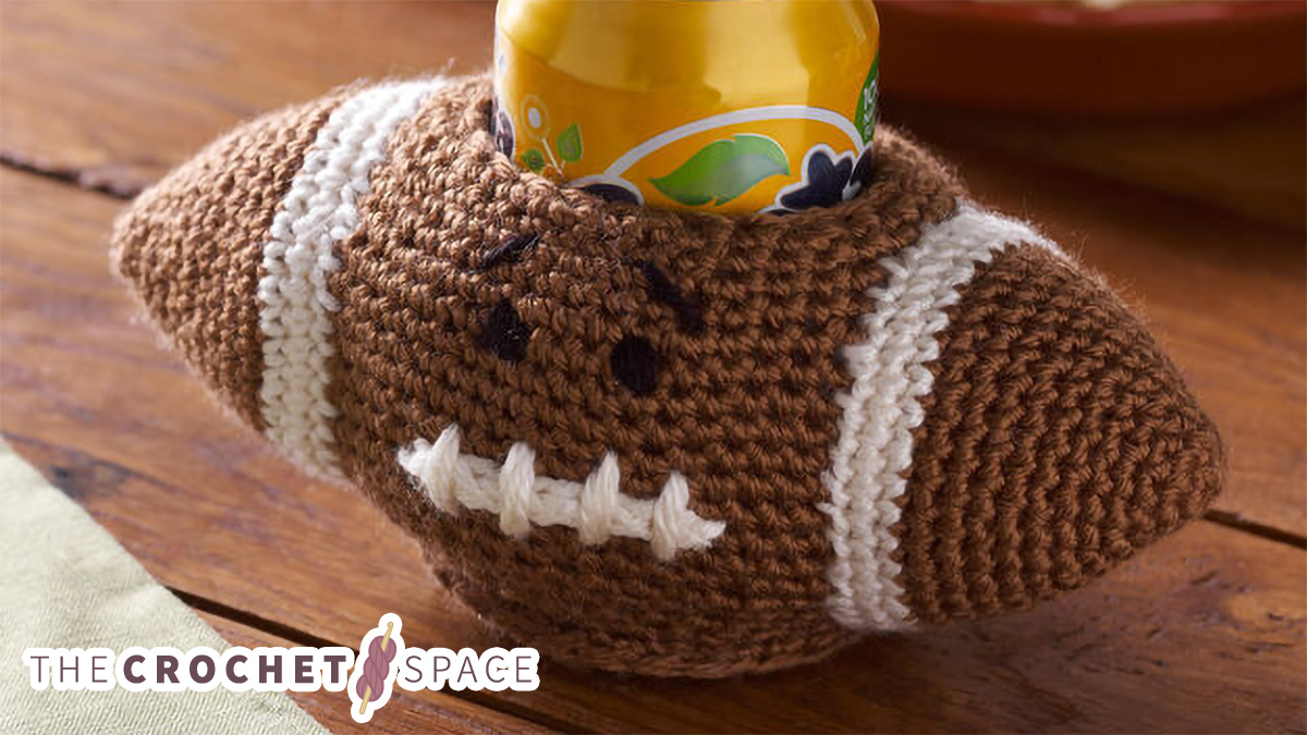 football crocheted can cozy || editor