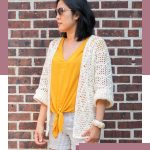 Forever Diamond Crochet Cardi. Image of woman with bright yellow tee overlaid by cream covered cardigan || thecrochetspace.com
