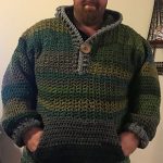 Gent's Spider Crochet Hoodie. Hands in front pocket. Dark colors in stripes || thecrochetspace.com