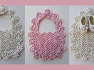 Lacy Crochet Baby Bib in pink or cream. 3 images. One pair of baby shoes in cream || thecrochetspace.com