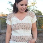 Ladies Favorite Crochet Tee. Horizontal stripes. V-neck and short sleeves. Variegated tan and white stripes. Image of young woman wearing tee || thecrochetspace.com