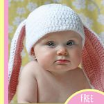 Little Cottontail Crocheted Hat. Head and shoulders of little baby with hat on || thecrochetspace.com