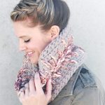 Love Light Crochet Cowl. Side view of woman wearing cowl, Gey and Pink || thecrochetspace.com