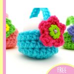 Lovely Crocheted Little Egg Baskets . Close up of one blue basket || thecrochetspace.com