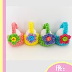 Lovely Crocheted Little Egg Baskets. 4 different colored baskets in a row on a white surface || thecrochetspace.com