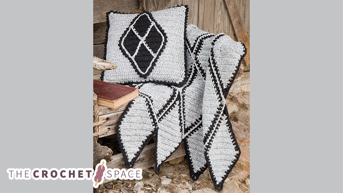 man’s diamond crocheted lapghan ‘n pillow set || editor