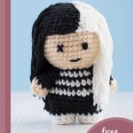 Mini Crochet Gothic Doll. Front image of doll, crafted heair to toe in black and white || thecrochetspace.com