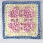 Never Ending Love Crocheted Square. Cream square with light blue edging and 4x pale pink hearts in each quarter || thecrochetspace.com