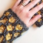 Odette Crochet Wrist Warmers. Honey comb, lattice design crafted in grey and mustard color || thecrochetspace.com