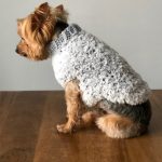 Plush Pooch Crochet Coat. Yorkie dog, side view, and looking out of shot. Grey, fluffy coat with thick neck rib || thecrochetspace.com