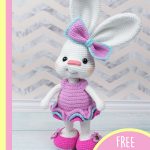 Pretty Crocheted Bunny In Dress. Crafted in pink with blue accents || thecrochetspace.com