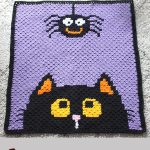 Seasonal Crochet C2C Blanket. Black border, purple background with large eyed cat and large eyed spider || thecrochetspace.com