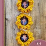 Summer Sunflower Crochet Garland . 3x sunflowers hanging vertically with photographs in the center || thecrochetspace.com