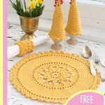 Sunday Morning Crocheted Table Set. Crafted in yellow. Egg covers in shape of hens. Easter ready || thecrochetspace.com