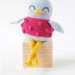 Sweetie Sue Crochet Bird. One bird with long, thin legs sitting on a box in a sweater || thecrochetspace.com