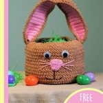 Treatsie Crocheted Bunny Basket. Brown, round basket with bunny ears and face || thecrochetspace.com