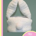 Treatsie Crocheted Bunny Basket. Round bunny basket with ears. View behind with pom pom tail || thecrochetspace.com