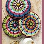 Wheel Spoke Crochet Coaster. Three multicolored coasters with blacks posts || thecrochetspace.com